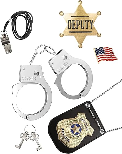 Insignia de policía juego de juguete de simulación de policía para esposas de metal con llave de bandera estadounidense ondeando alfileres de solapa