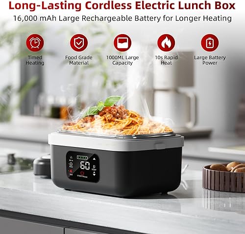 Miniatura 2 de Lonchera eléctrica inalámbrica, lonchera recargable autocalentable para adultos, lonchera portátil con calefacción de 1 litro, calentador de
