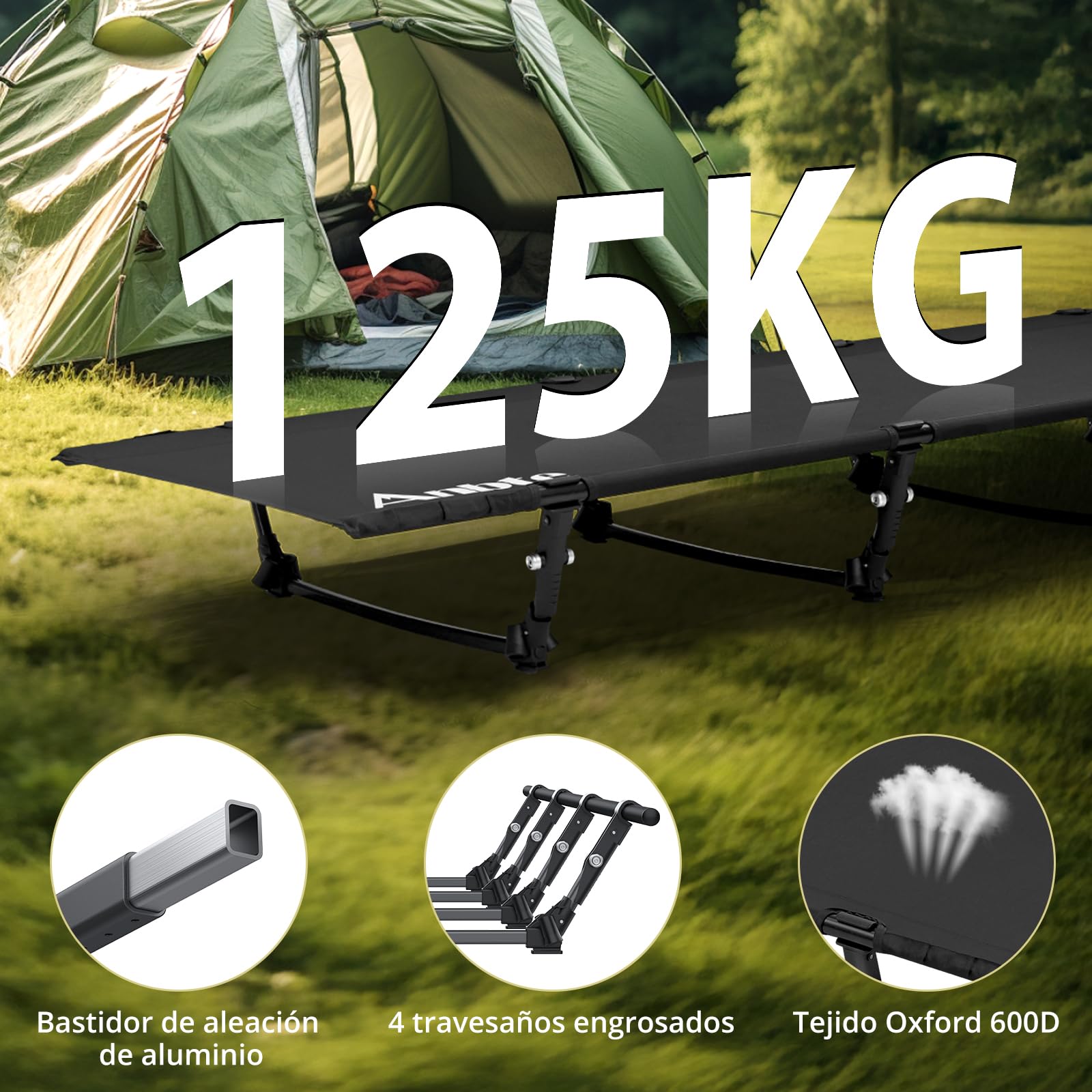 Anbte Cama de Camping Plegable 191 x 70 x 20 cm Cuna de Acampada Ultraligera Tubo de Aluminio con Capacidad de Carga de hasta 125 kg para Viajes, Playa, Jardín, Oficina, Interior y Exterior (Negro)