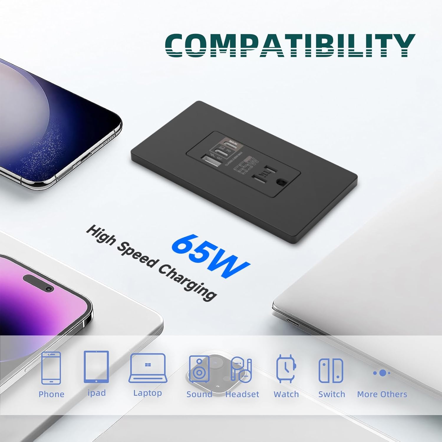 TOPELER Black USB Outlet Receptacle, 3-Port PD 65W Charging Power Outlets with USB-C & A for Laptop, 15 Amp Tamper Resistant Receptacle, Screwless Wall Plate Include, ETL Listed, 2 Pack