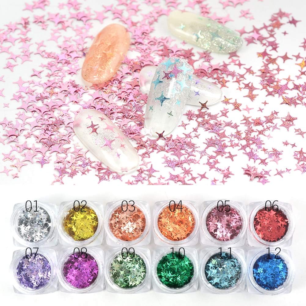 QIMYAR Cross Star Holographic Laser Nail Glitter Sequins Confetti Paillette 3D Nail Art Supplies Decoration Accessories Tools Four-Angle Star 12 Colors