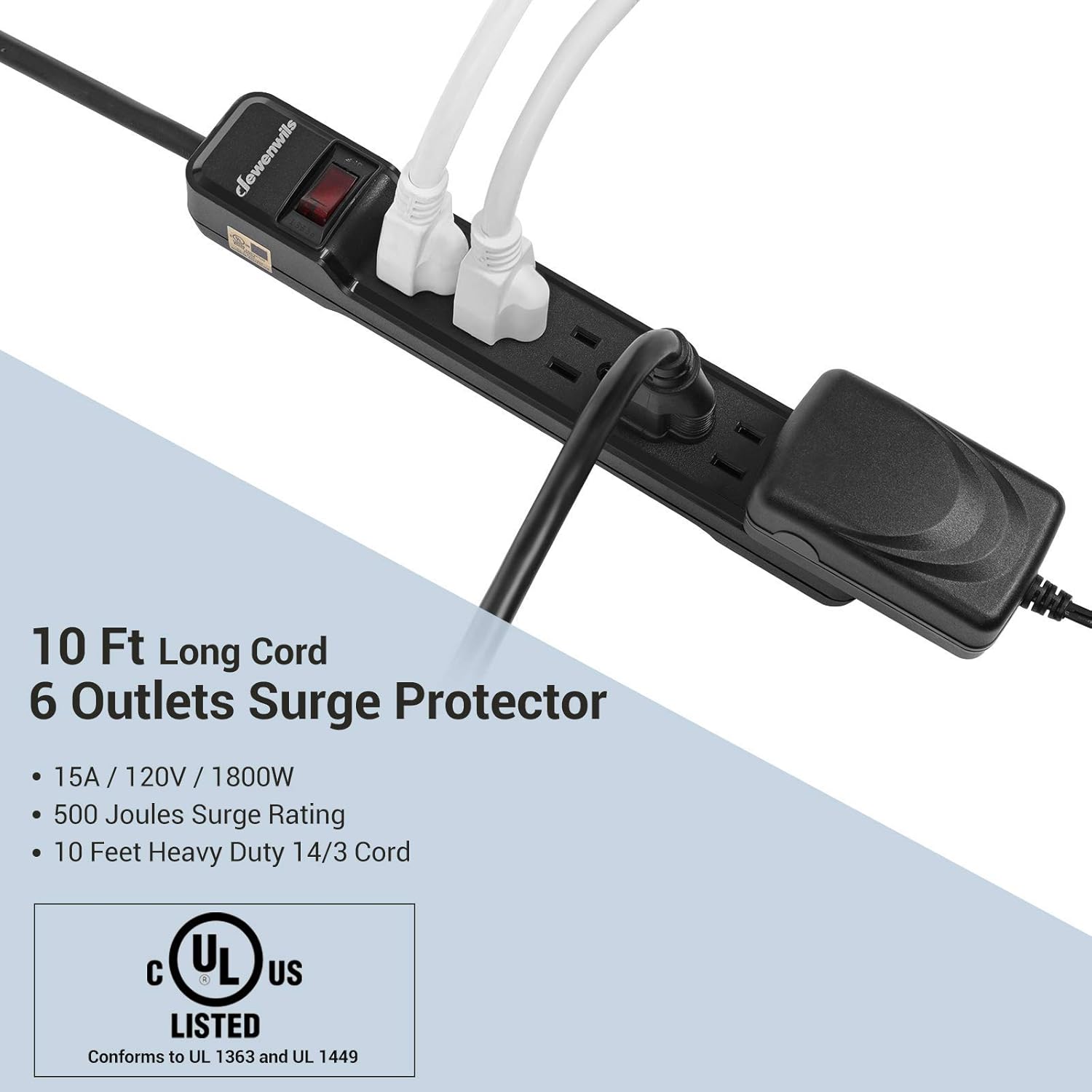 DEWENWILS 6-Outlet Power Strip Surge Protector with Long Extension Cord, Low Profile Flat Plug, 15 Amp Circuit Breaker, 500 Joules, Wall Mount, UL Listed, Black