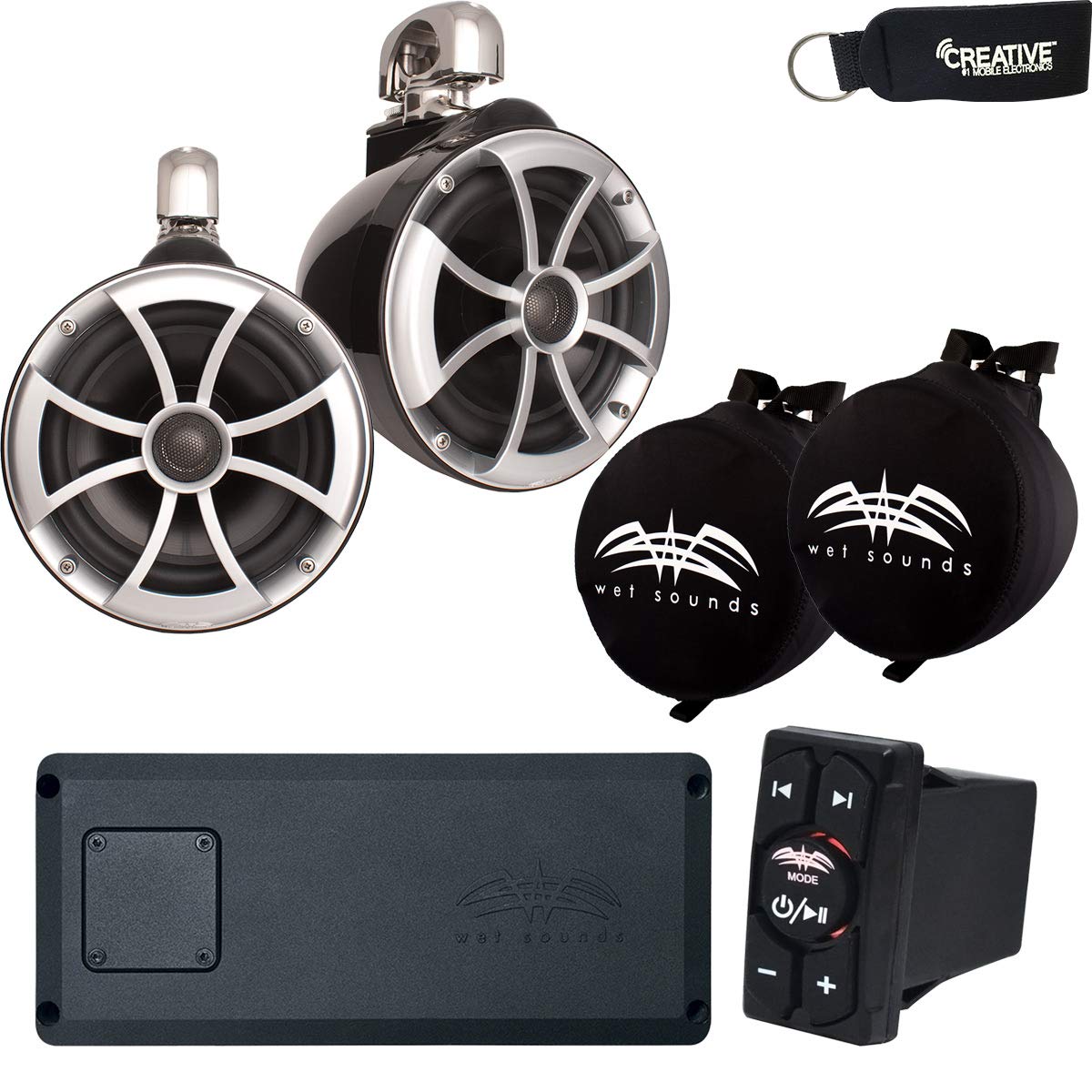 Wet Sounds ICON8 Tower Speakers with Mini Swivel Clamps, STX-Micro-4 Amp, BTRS Receiver, and SUITZ Covers