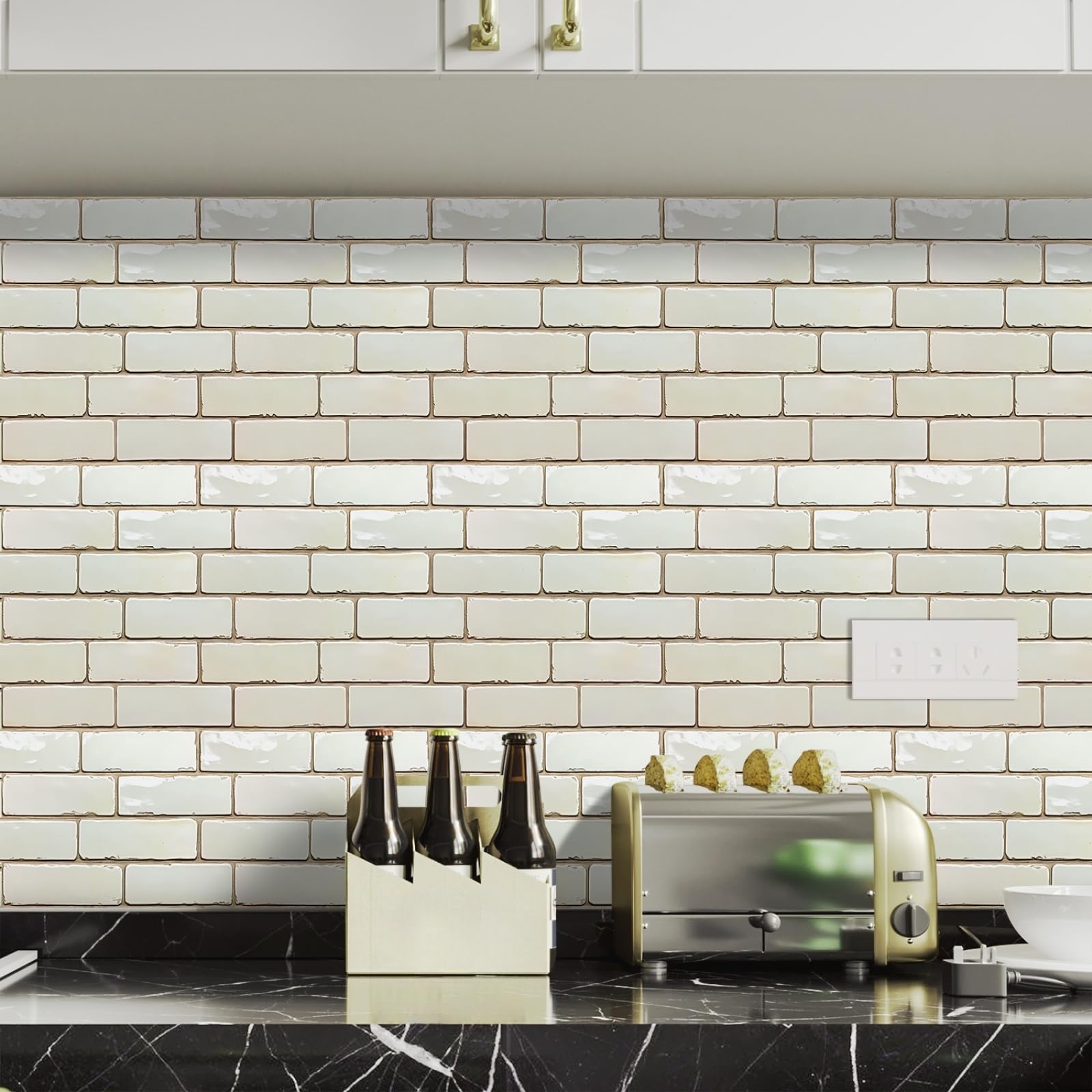 Stick on Kitchen Tiles 27x27 cm Beige Brick Peel and Wall Waterproof PVC for Fireplace Surround Furniture Decoration Tile Stickers Backsplash 20 Pcs