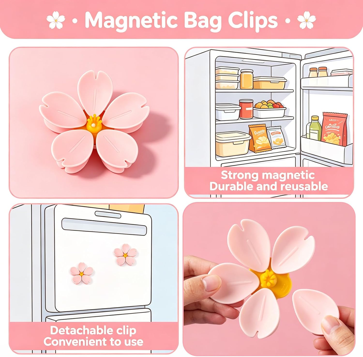 6 Pack Magnetic Cherry Chip Clips, Strong Cute Fridge Magnets, Pink Sealing Bag Clips for Snack Food Storage image 3