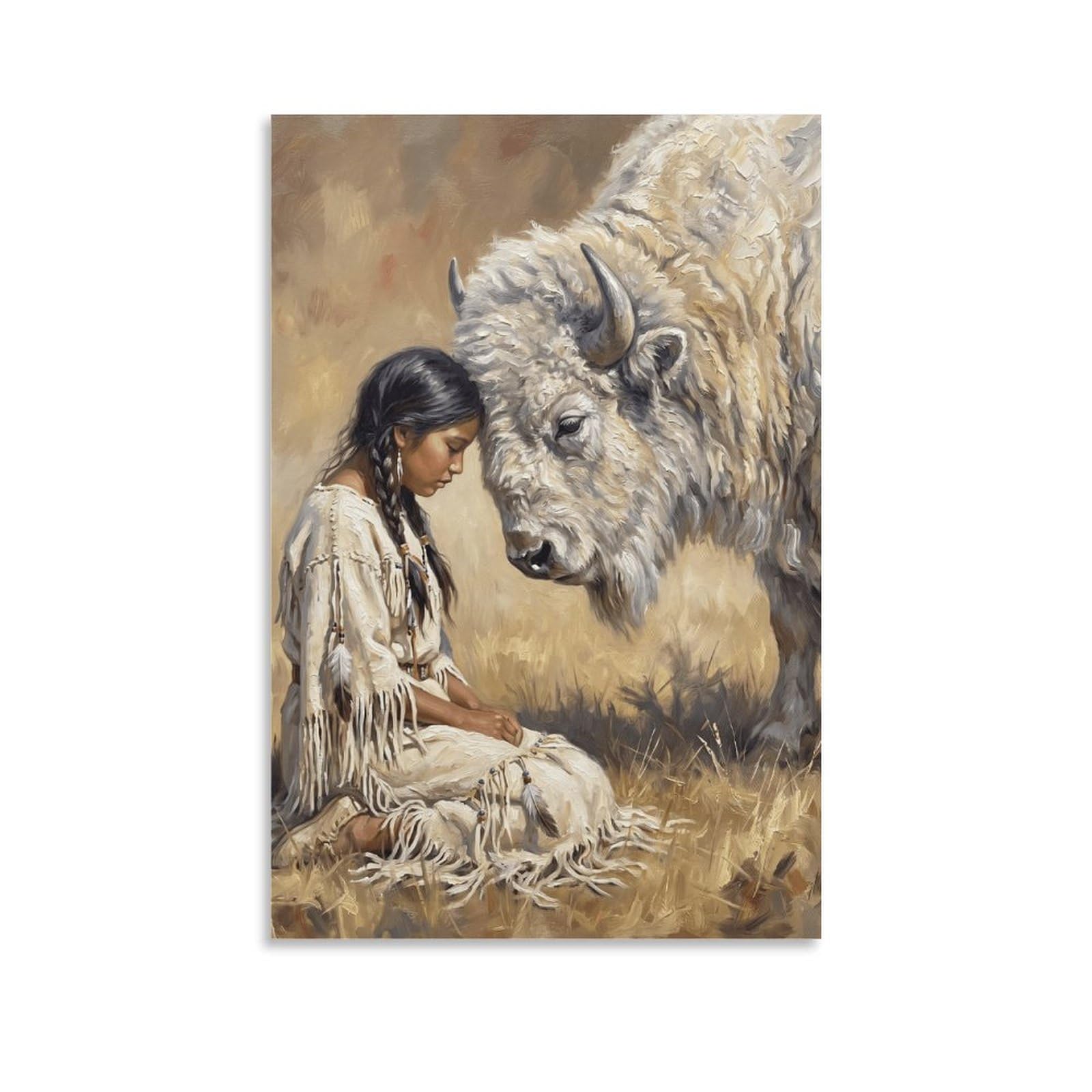 W7C8U2X3 White Buffalo Woman Rustic Canvas Wall Art, Rustic Western