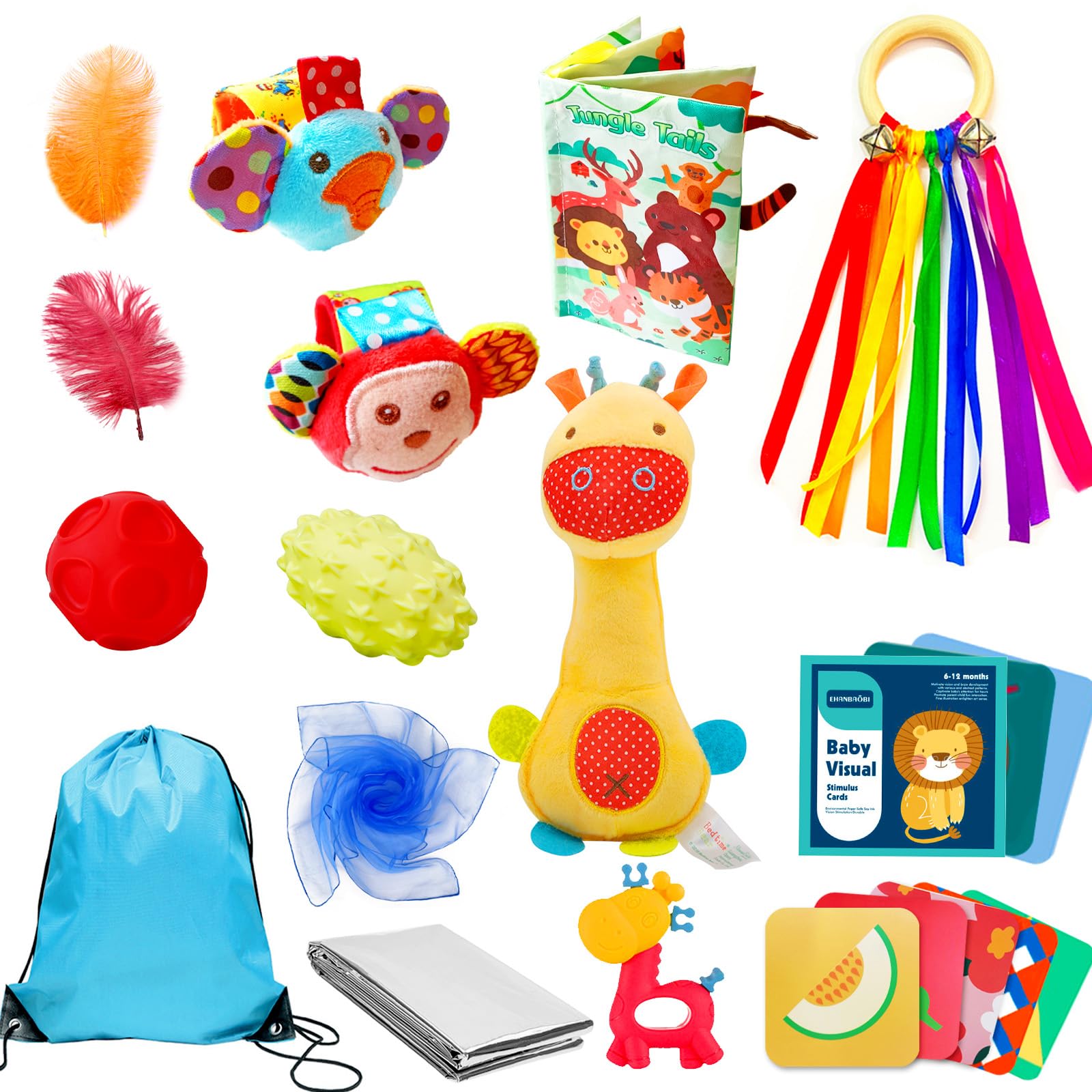 Xerteam 25 Pcs Baby Sensory Toys, Colorful Sensory Toys 0 3 6 9 12 Month Newborn Toy for Autism ADHD, Rattle Feather Texture Ball Foil Blanket Scarf Ribbon Ring Teether Baby Book, Ideal Baby Gift