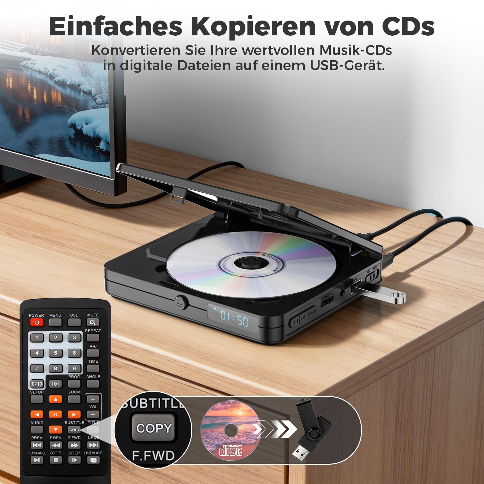 DVD Player für Fernseher, Mini DVD Player HDMI mit 1080P Upscaling, All Region Free, mit USB 2.0-Anschluss und Fernbedienung, Breakpoint Speicher, für Smart TV, integriertes PAL/NTSC