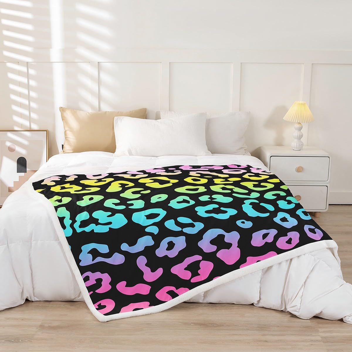 Leopard Print Fleece Blanket,Rainbow Cheetah Print Plush Blanket for Kids Teens,Lovely Room Decor,Colorful Wild Animal Skin Print Flannel Blanket,Twin 60"x80"