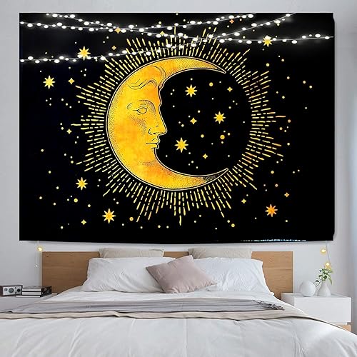 Tapiz de luna psicodélica de luna para dormitorio tapices estéticos dorados y negros tapiz psicodélico para colgar en la pared mandala bohemio para