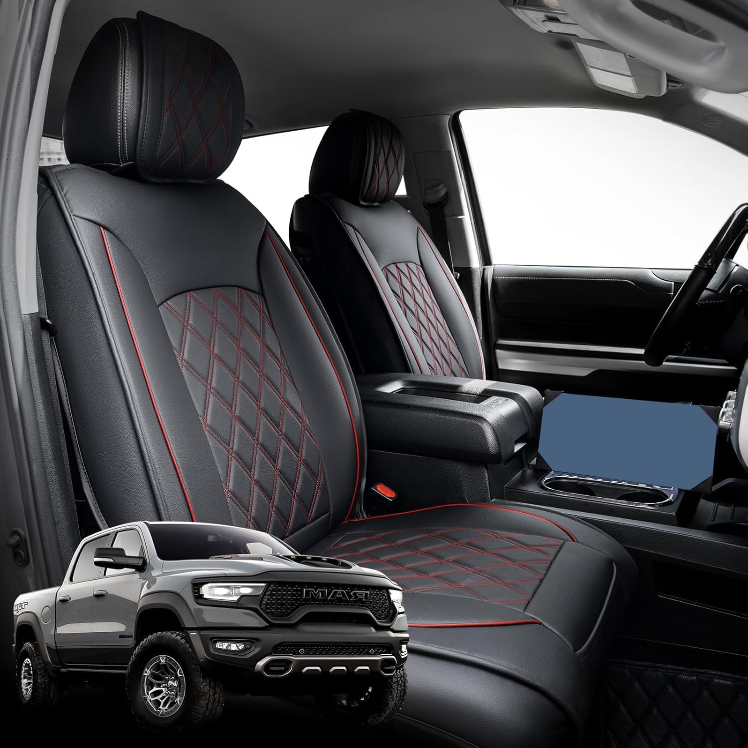 Super Cover® for Dodge Ram Seat Covers 2002-2025 2026 1500/2500/3500 Front Pickup Truck for Dodge Ram Leather Seats Covers Crew Mega Cab Waterproof Leather Car Seat Accessories(Front Seat, Black&Red)