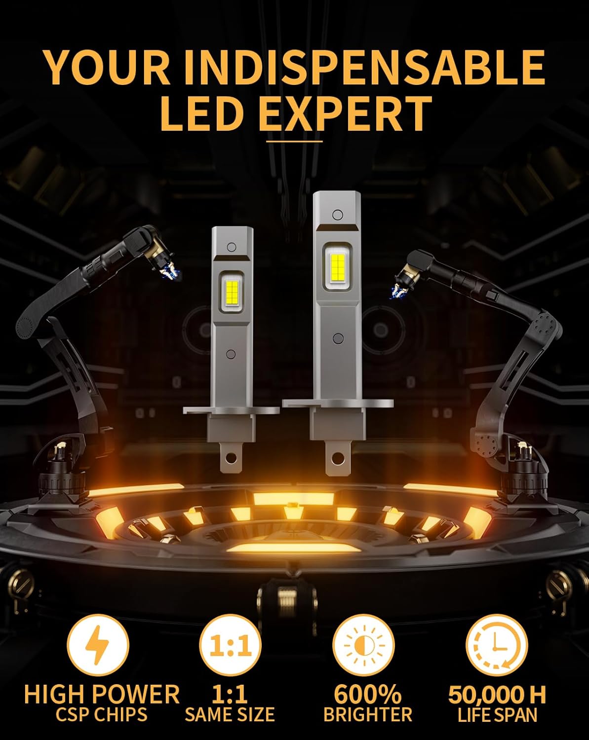 𝖧𝟣 Bulbs, 60000LM 1000% Brighter, Real 1:1 Halogen Mini Size with Fan, 6500K Cool White No Adapter Needed Plug-N-Play Off Road Lights, Pack of 2