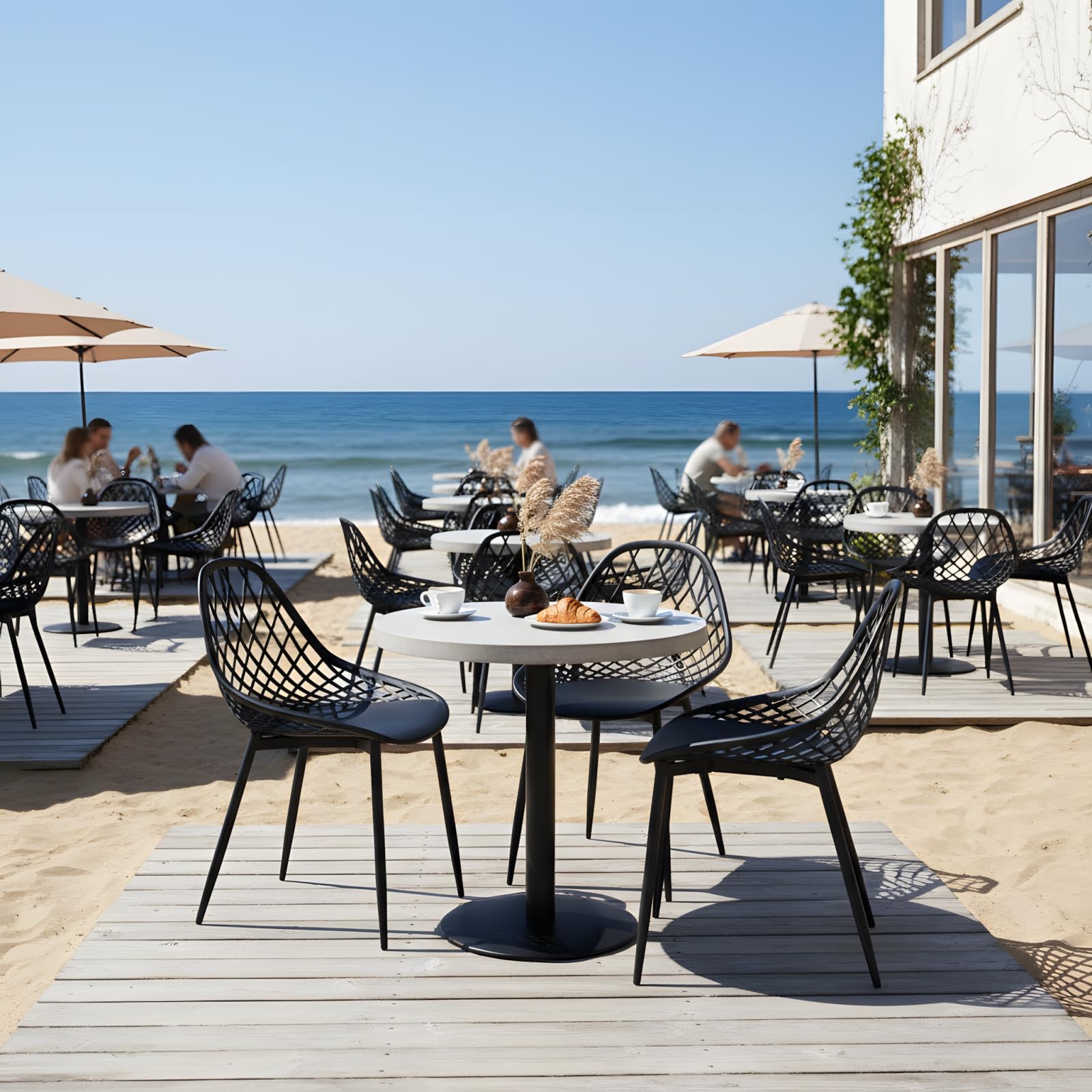 Lot de 8 chaises de jardin, de terrasse, résistantes aux intempéries et aux UV, en plastique, avec dossier, charge maximale : 150 kg, pour jardin, balcon, terrasse - Noir