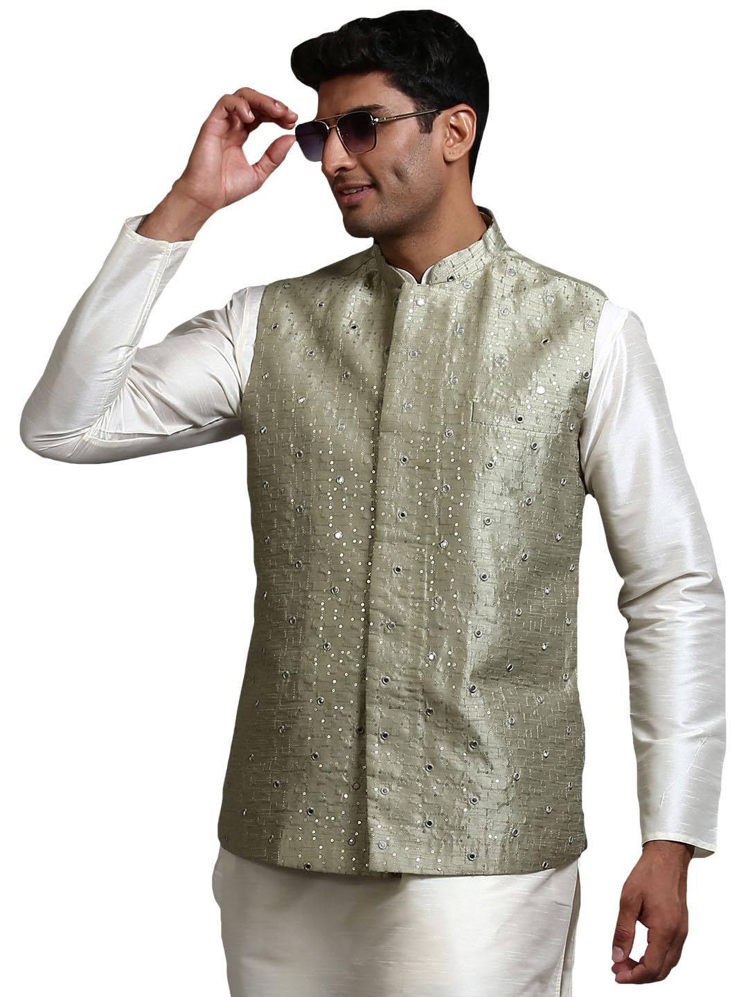 vm Men's Mint Green Mirror Work Nehru Jacket-picture-11