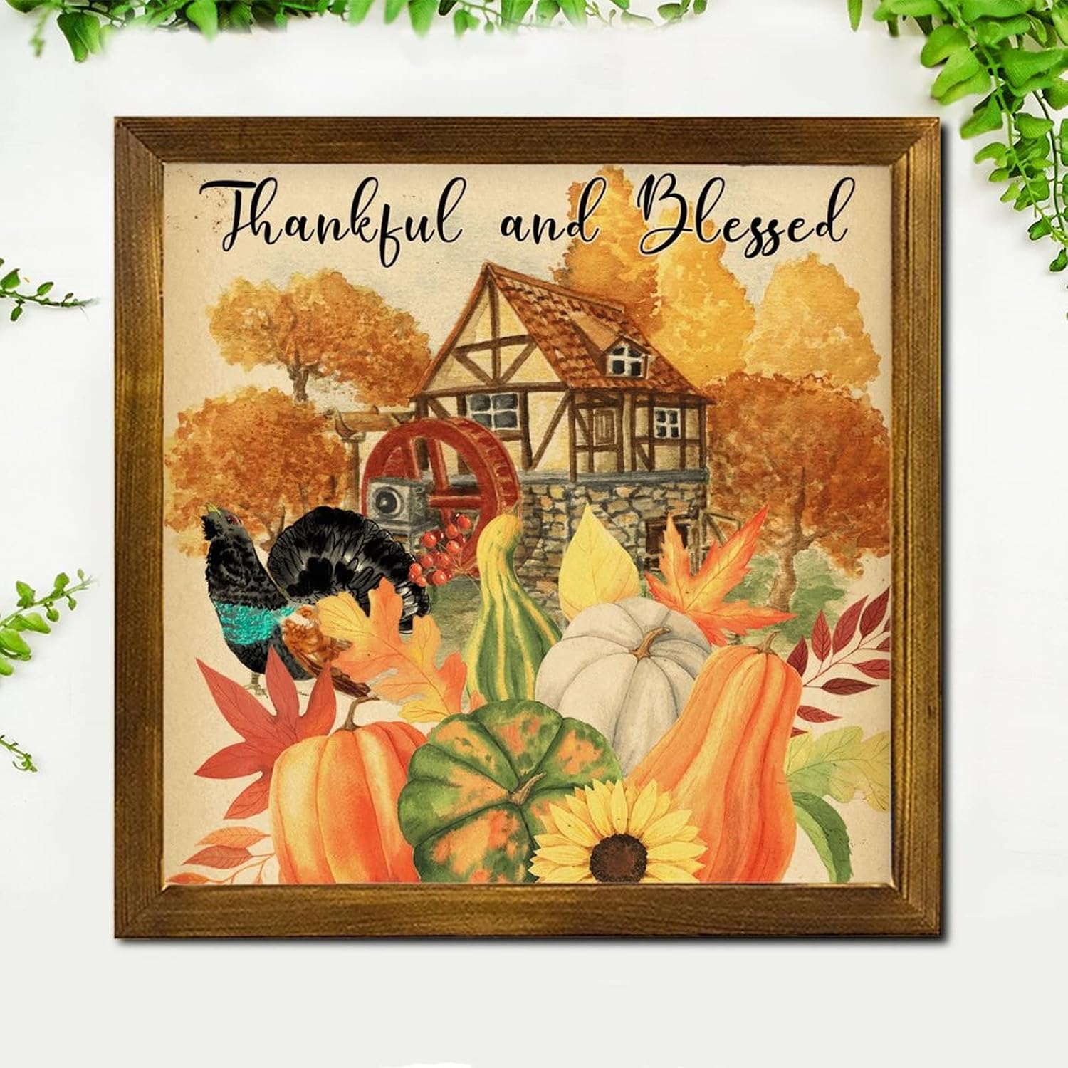 Thankful and Blessed Trucky Wood Framed Sign Farm Pumpkin Sunflower Wood Plaque Retro Farm Harvest Hanging Wall Signs Decor for Bedroom Living Room Home Kitchen 12x12 inch