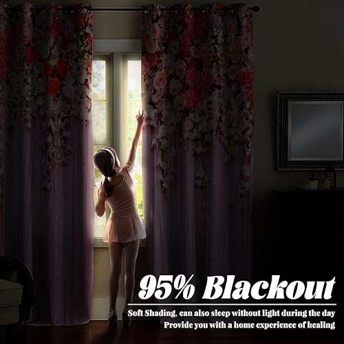 Miniatura 10 de Renaiss Cortinas opacas con estampado floral rosa, peonía roja y rosa, para boda, aislamiento térmico, para dormitorio, con ojales, para sala de