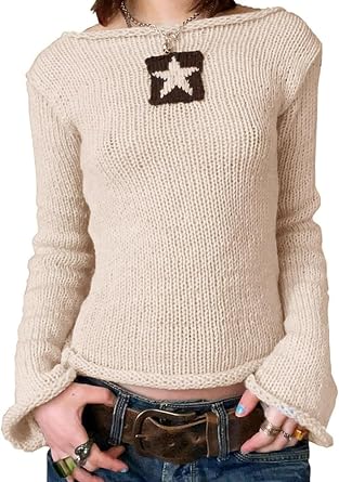 Womens Long Flared Sleeve Knitted Sweaters See Through Backless Pullovers Solid Color Vintage Jumper Top Knitwear