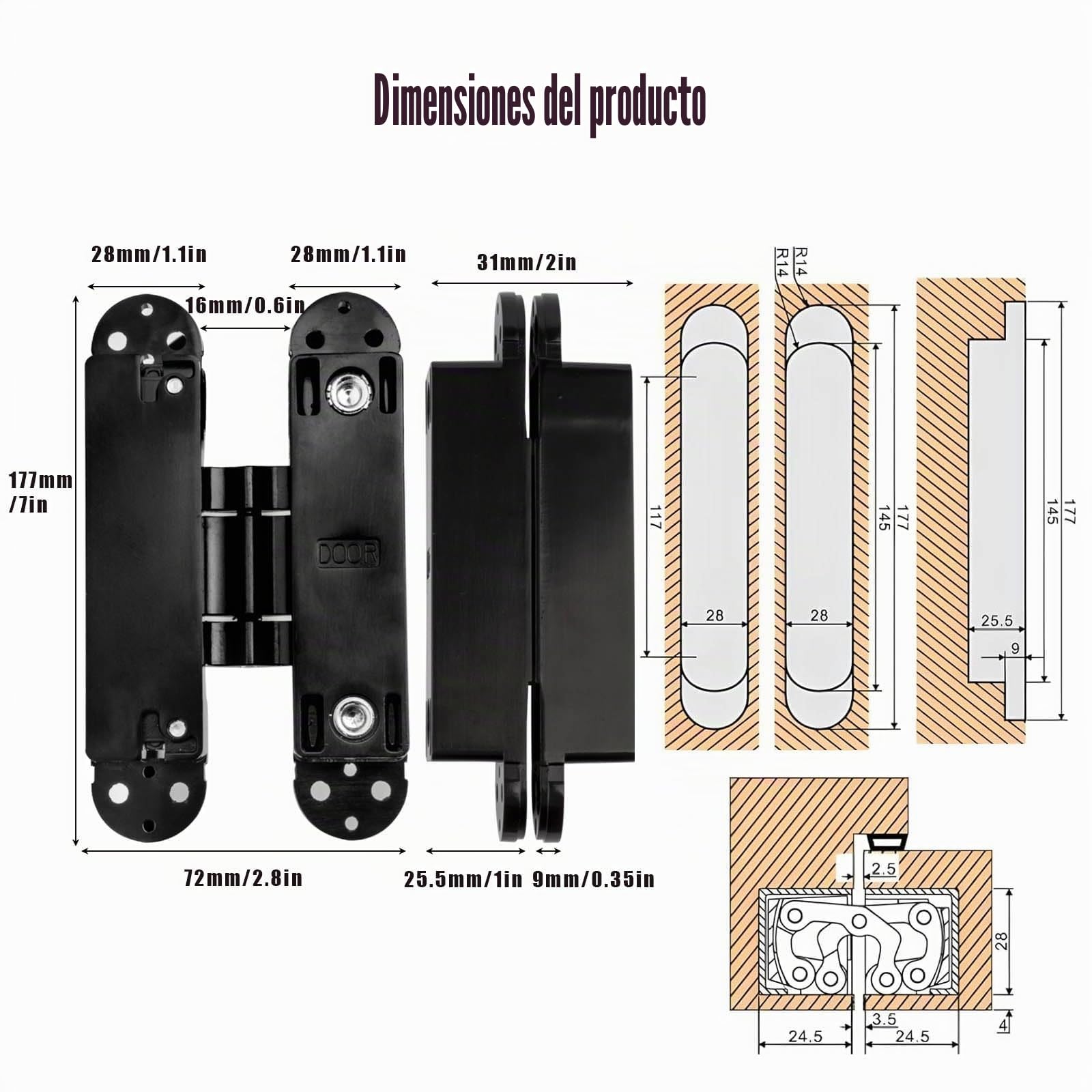 7 inch Bisagras de Puerta Ocultas,Bisagras Invisibles para Puertas de 180 Grados,Bisagras de Puerta Ocultas,Bisagra de Puerta Plegable 3D con Tornillos Hexagonales para Puerta de Madera 80kg