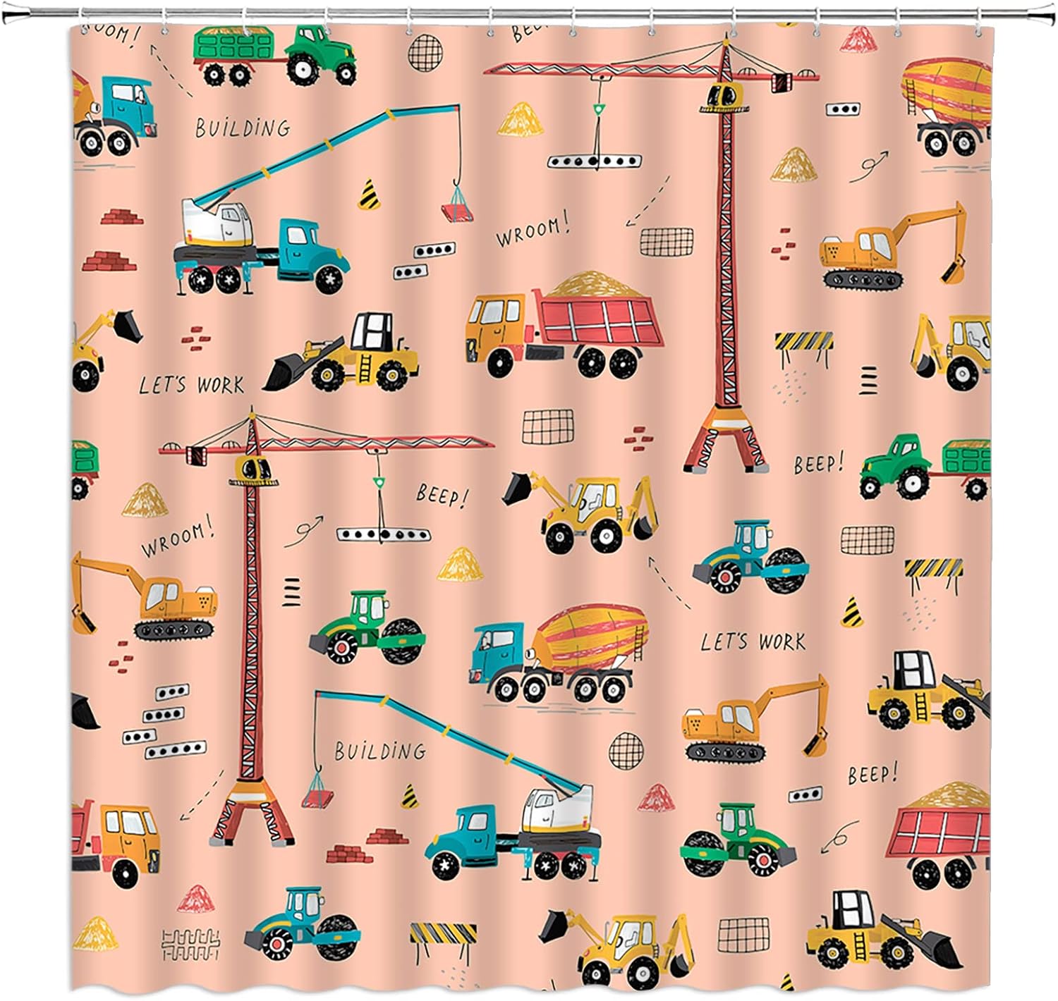 Construction Truck Shower Curtain Cartoon Excavator Vehicle Tractor Cars for Boys Machinery Cars for Boys Kids Machinery Navy Blue Fabric Bathroom Curtains Decor Set with Hook(70" Wx84 H)