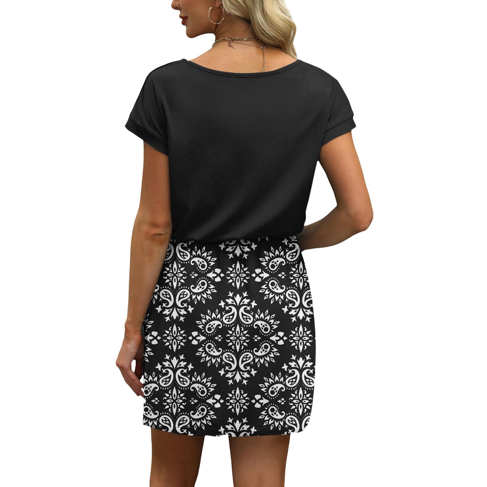 Generisch Sommerkleid Damen Knielang Hohe Taille Kurzarm Strandkleid Leicht V-Ausschnitt Sonnenkleider mit Kordelzug Luftiges Damenkleid Sommer Freizeitkleider mit Taschen