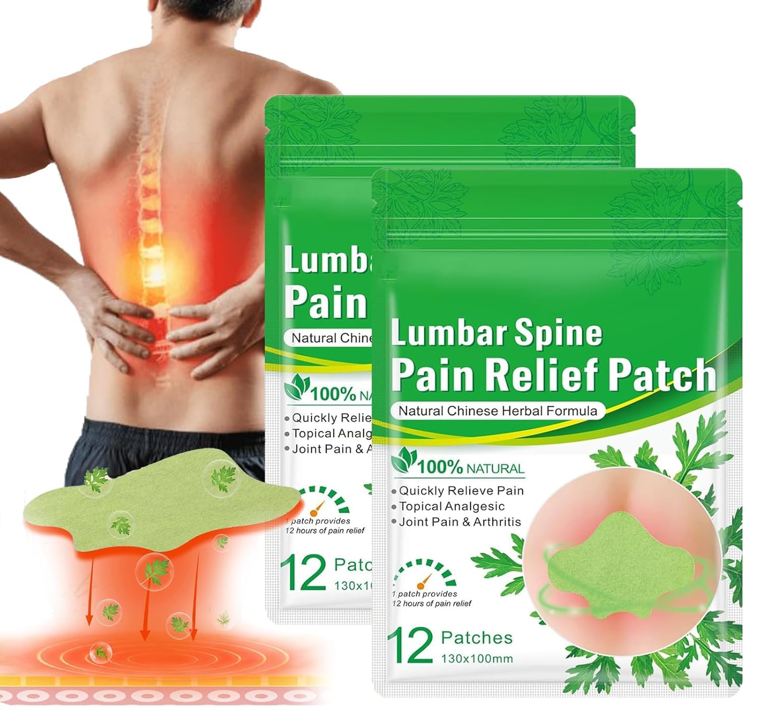 Flexiback Lendenwirbelsäulen-Schmerzlinderungspflaster, natürliche Rückenschmerzpflaster, Wärmepflaster für die Lendenwirbelsäule, langanhaltende Linderung (24pcs/2box)