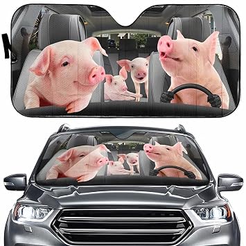 Pig Family Driver Auto Windshield Sunshade Farm Vehicle Sun Visor,Folding Animal Sun Shade Protector Cover,Funny Universal Car Sunshield Automotive UV Rays Fit Most Car,SUV,Truck