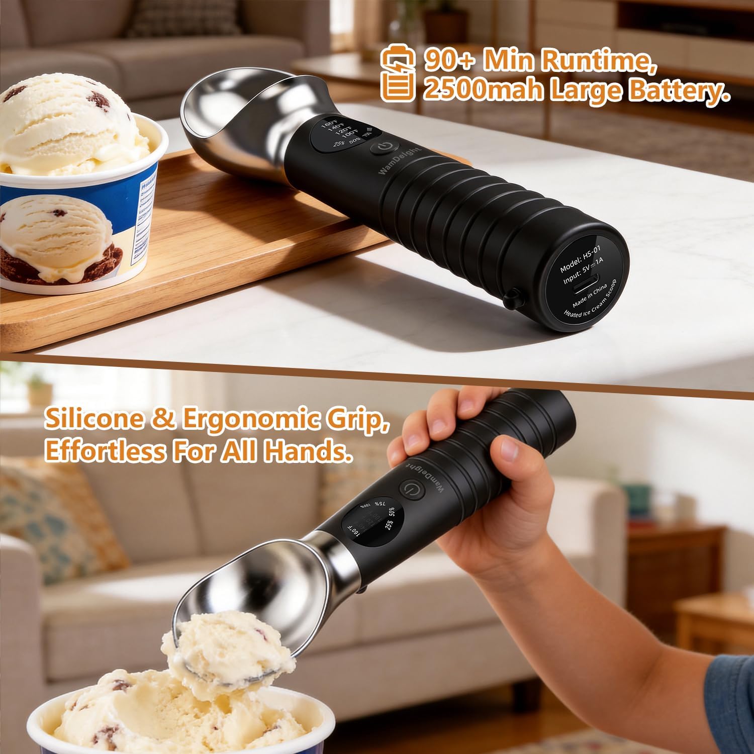 Heated Ice Cream Scoop Rechargeable Electric with 4-Level Heat 100-160℉
