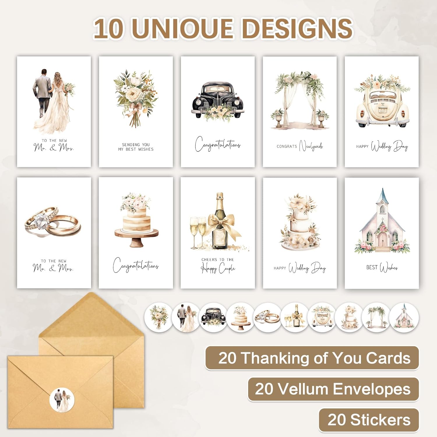Wedding Cards Set of 20 with Envelopes and Stickers for the Bride and Groom, 10 Retro Designs, Elegant Blank Engagement Cards for Wedding Congratulations Card Bridal Showers - Image 4