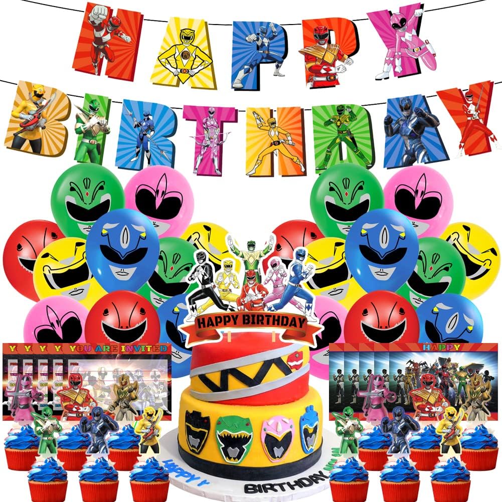 Hilloly Power Rangers Birthday, 42 Pieces Power Rangers Party Decorations, Power Rangers Birthday Decoration Set Includes Power Rangers Banner, Cake Toppers, Balloons for Children's Birthday Parties