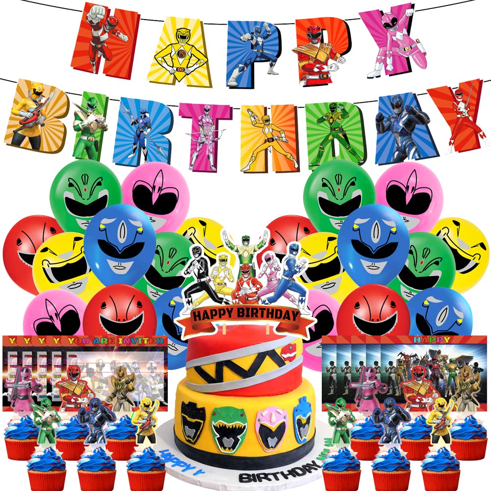 Hilloly Power Rangers Birthday, 42 Pieces Power Rangers Party Decorations, Power Rangers Birthday Decoration Set Includes Power Rangers Banner, Cake Toppers, Balloons for Children's Birthday Parties