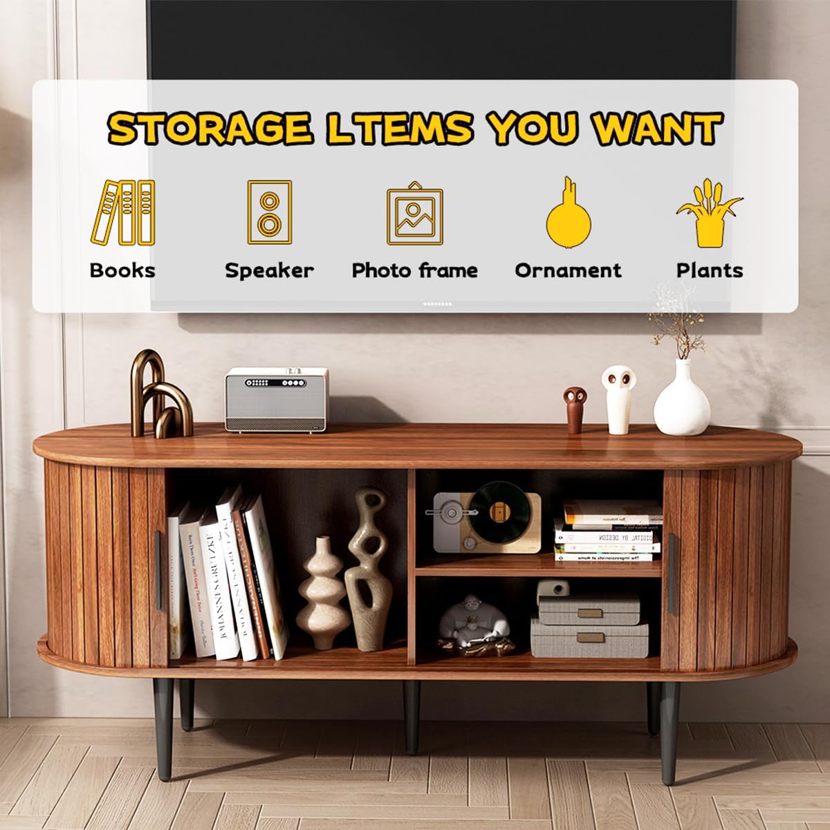 47" TV Stand with Sliding Tambour Door for Living Room,TV Console with Adjustable Shelves, Media Console with Storage Cabinet, Entertainment Center with Golden Handle (Walnut,47")