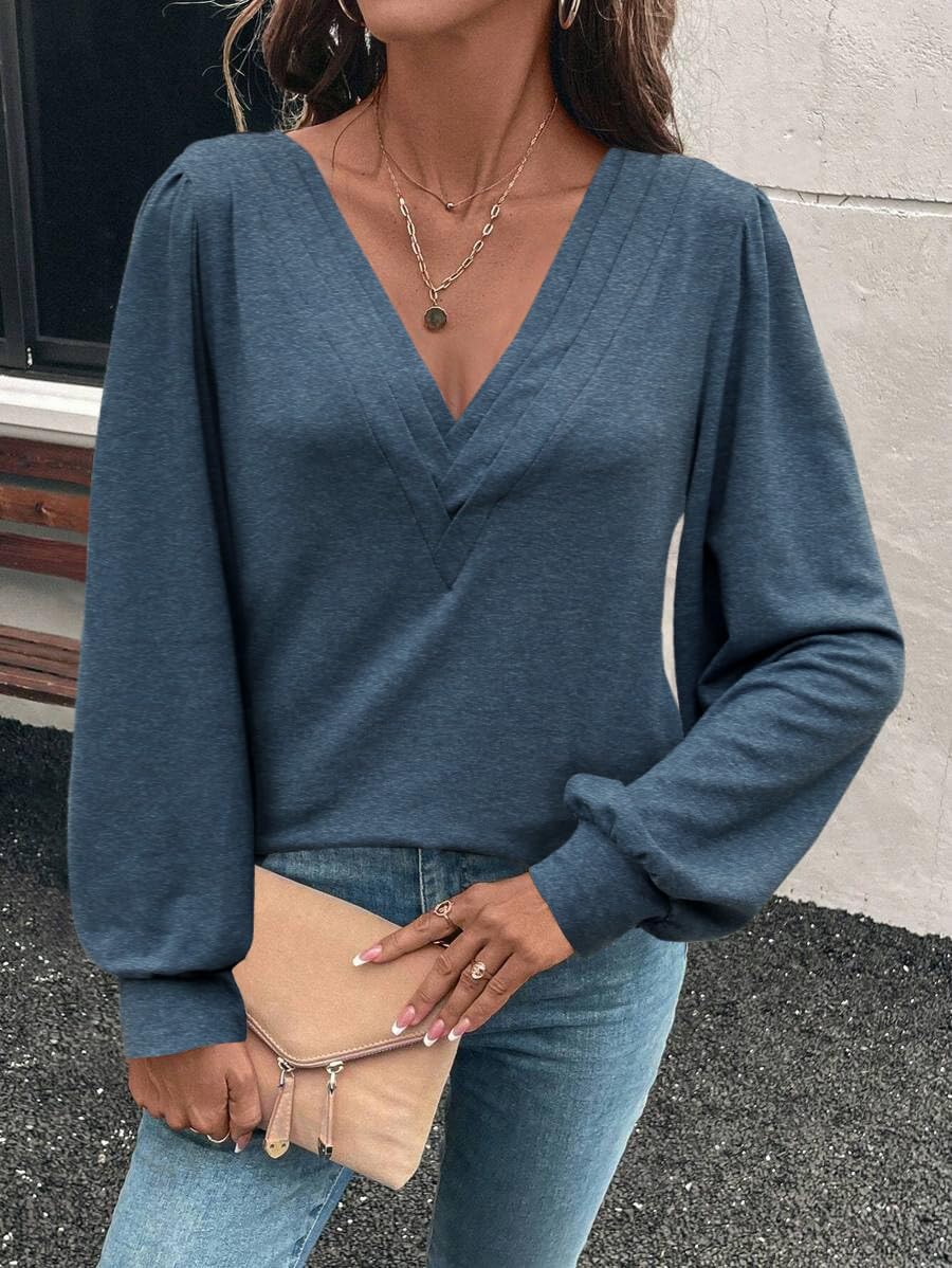 Women's Puff Long Sleeve Tops Deep V Neck Shirts Soft Loose Fit Elastic Blouses Dressy Casual Trendy Tunic - Image 3
