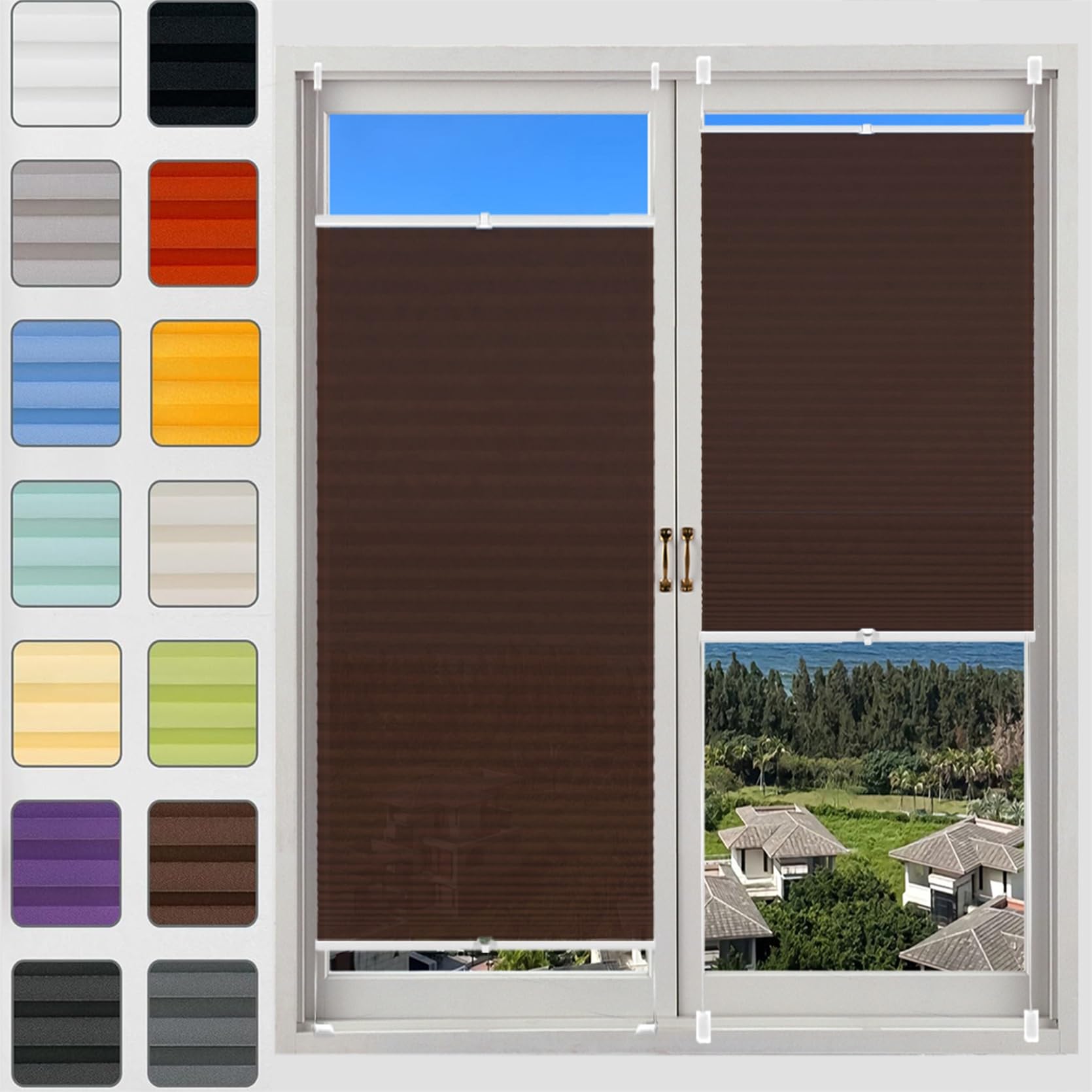No Drill Blinds Temporary Window Blinds 75 x 140 cm (W x H), No Tool No Drill Shades Top-Down Bottom-Up, Blackout Blinds Window No Drill, Blackout Cellular Shades, for Window Door, Brown