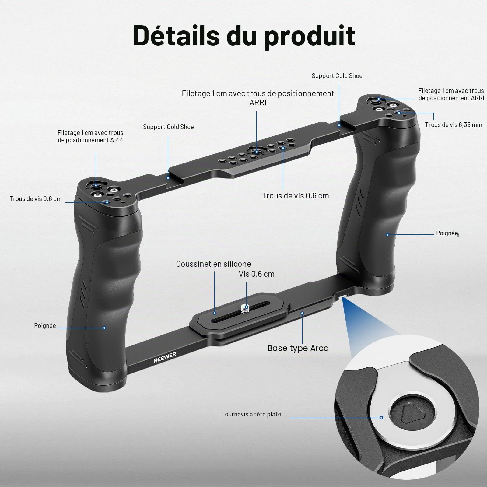 NEEWER Cage pour caméra vidéo avec Base Arca, Double poignées, Support Arri 3/8" et Filetage 1/4", stabilisateur Universel Compatible avec Les Barres de Base SmallRig NEEWER de 15 mm, CA016