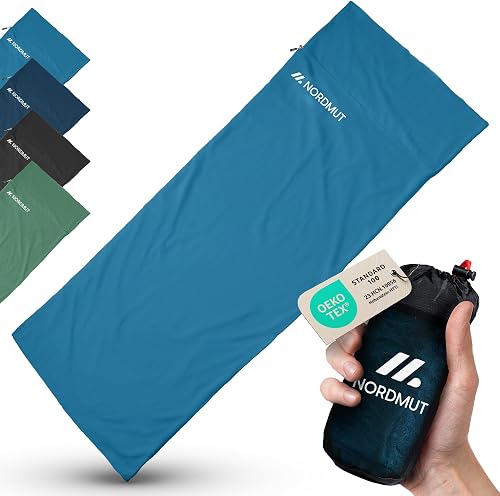NORDMUT® Sleeping Bag Ultralight Microfibre or Cotton Travel Sleeping Bag Breathable Small Pack Size and Extra Soft Includes Pillow Compartment (Blue / Polyester)
