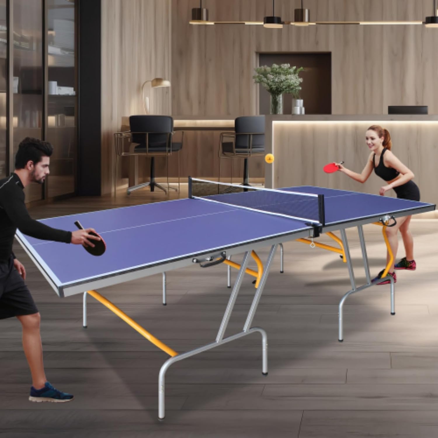 8ft Medium Ping Pong Table, Foldable Table Tennis Table, Foldable Portable Table Tennis Table Set for Indoor Games with Folding Legs with 2 Ping Pong Paddles and 3 Balls