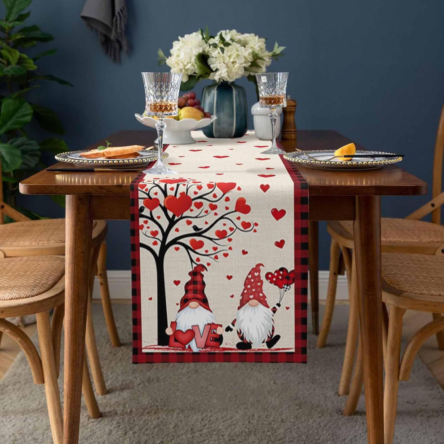 Valentine Table Runner 120 inches Long for Table Decoration Happy Valentine's Day Love Tree and Gnome Red and Black Buffalo Plaid Coffee Table Runner for Kitchen Runners for Party Home Decor 13x120in