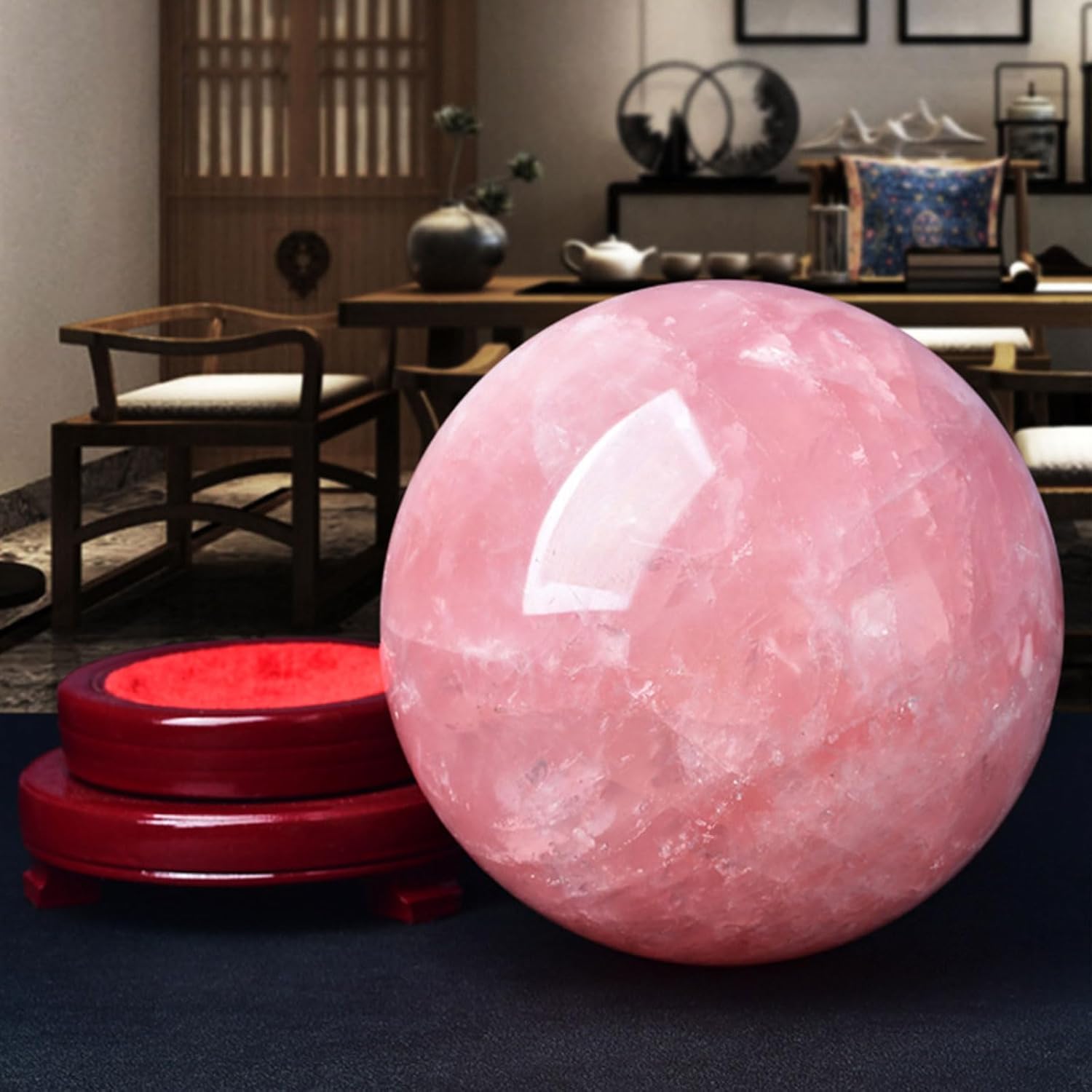 Crystal Ball Rose Quartz Sphere Gemstone Home Decoration Stone Sphere with Wood Stand for Decoration Fengshui,6cm/2.4in