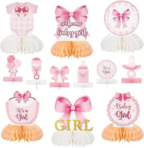 12 centros de mesa de nido de abeja con lazo rosa para baby shower, decoración de mesa en 3D para decoración de mesa en baby showers, revelaciones