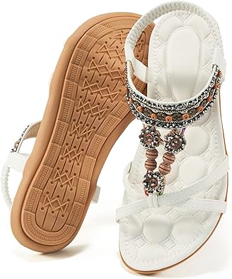 Alicegana Womens Sandals Dressy Summer: Comfortable Bohemian Flats Elastic Ankle Strap Walking Vacation Shoes 2026 Women Footwear