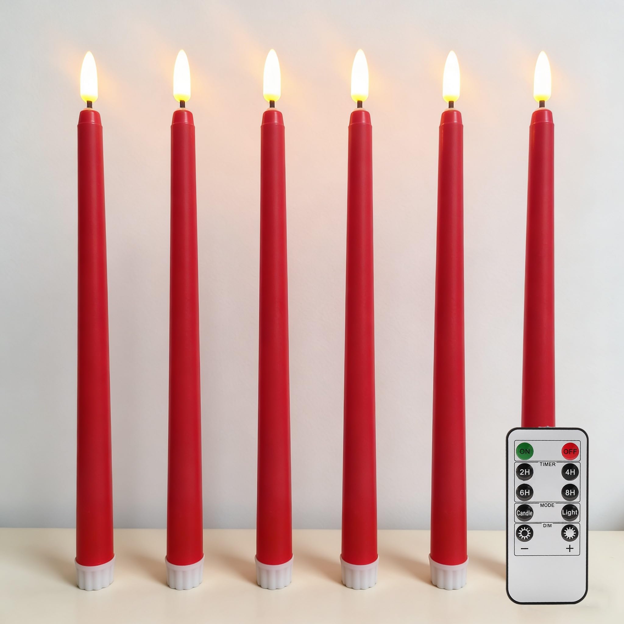 Red Flameless Taper Candles with Remote, Christmas LED Candlesticks Battery Powered Flickering Set of 6