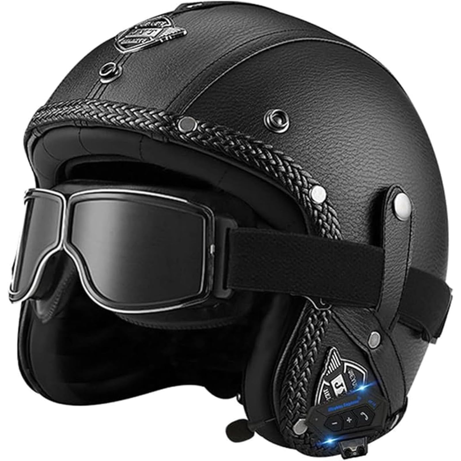 Kask motocyklowy zatwierdzony przez Bluetooth ECE kask pół-kask, skuter, kask motocyklowy, kask motocyklowy, pół skorupy, z gogle, osłona przeciwsłoneczna dla kobiet i mężczyzn