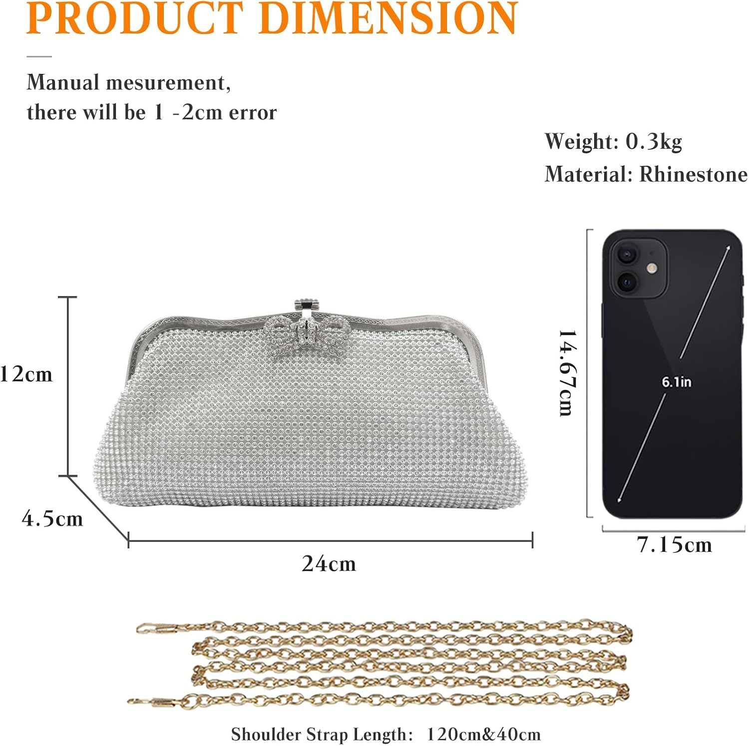 CORIOS Women Rhinestone Evening Bag Bling Crystals Clutch Bag Bridal Wedding Purse Shoulder Bag With Chain Sparkling Handbag