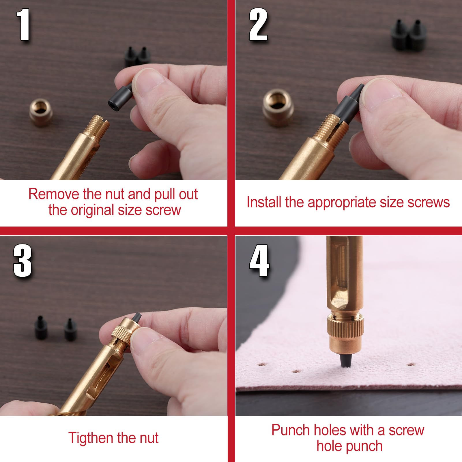 SPEEDWOX Adjustable Leather Hole Punch Tool for Belts Wood Handle Belt Hole Puncher with 6 Tip Sizes 1.5mm/2mm/2.5mm/3mm/3.5mm/4mm Screw for Leather Belt Bag - Image 3