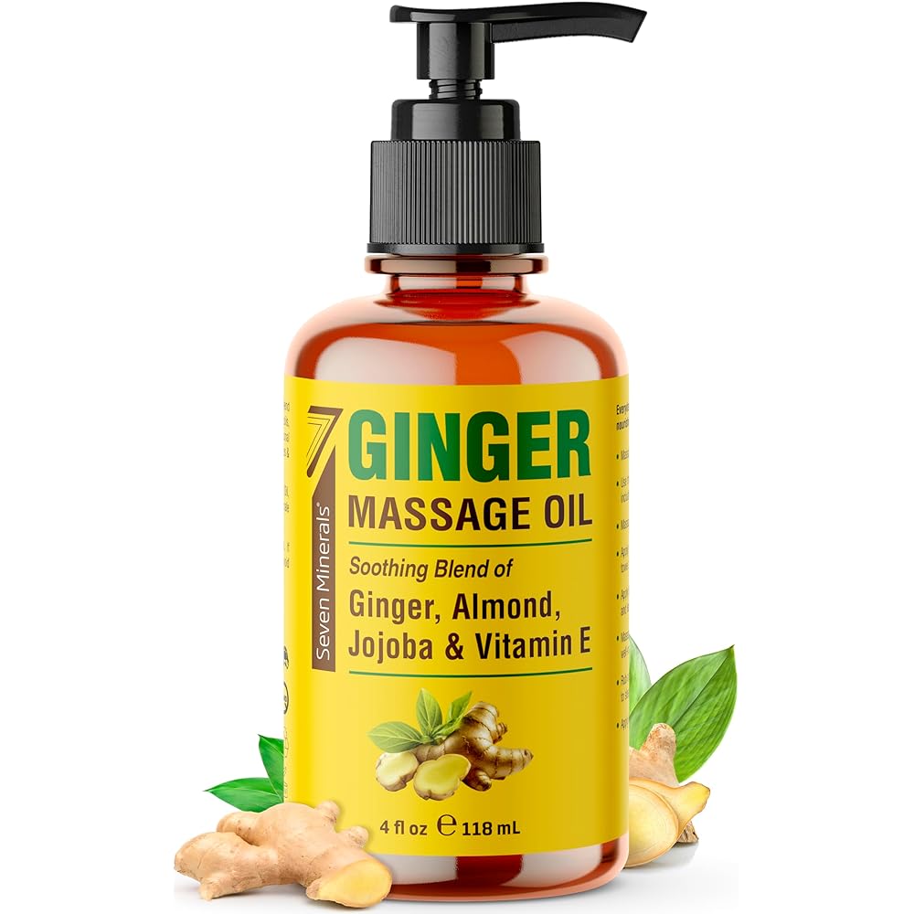 Seven Minerals Ginger Massage Oil for Lymphatic Drainage Massage Therapy - 4 oz - Warming and Ultra Relaxing - Therapeutic Grade Essential Oils Soothes Tired Muscles & Relaxes Mind and Body