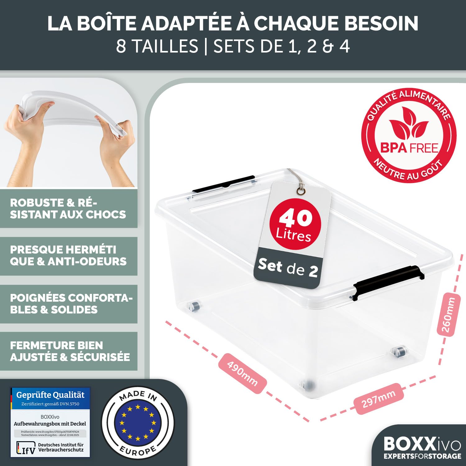 Boîtes de rangement avec couvercle 40 L - Lot de 2 – boîtes de rangement sans BPA et compatibles alimentaire – caisses de rangement avec couvercle