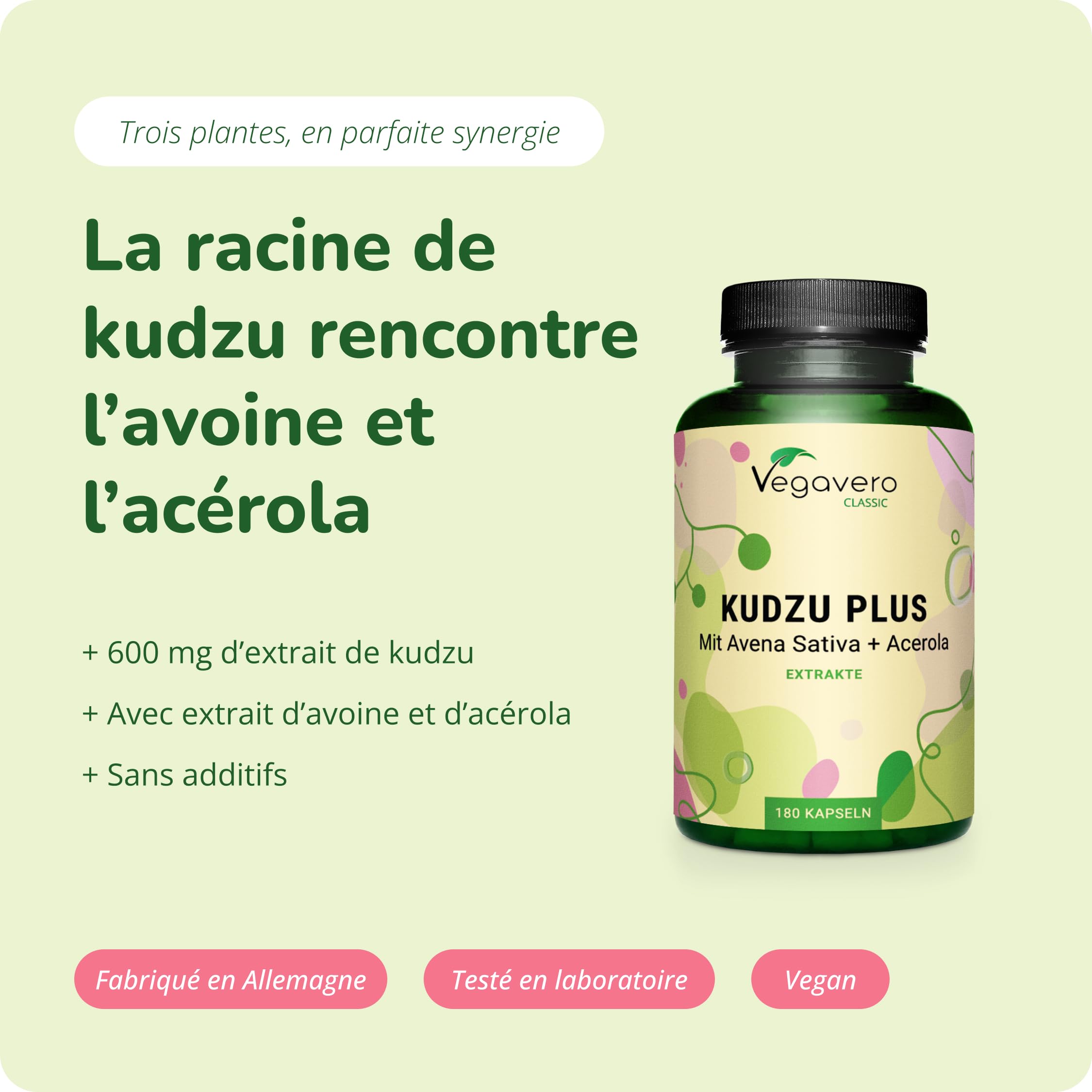 KUDZU Plus Vegavero® | 600 mg d'Extrait (10:1) | Standardisé en ISOFLAVONES | Avec Vitamine C Naturelle | Sans Additifs | 180 Gélules | Antioxydant Puissant + Anti Tabac | VEGAN