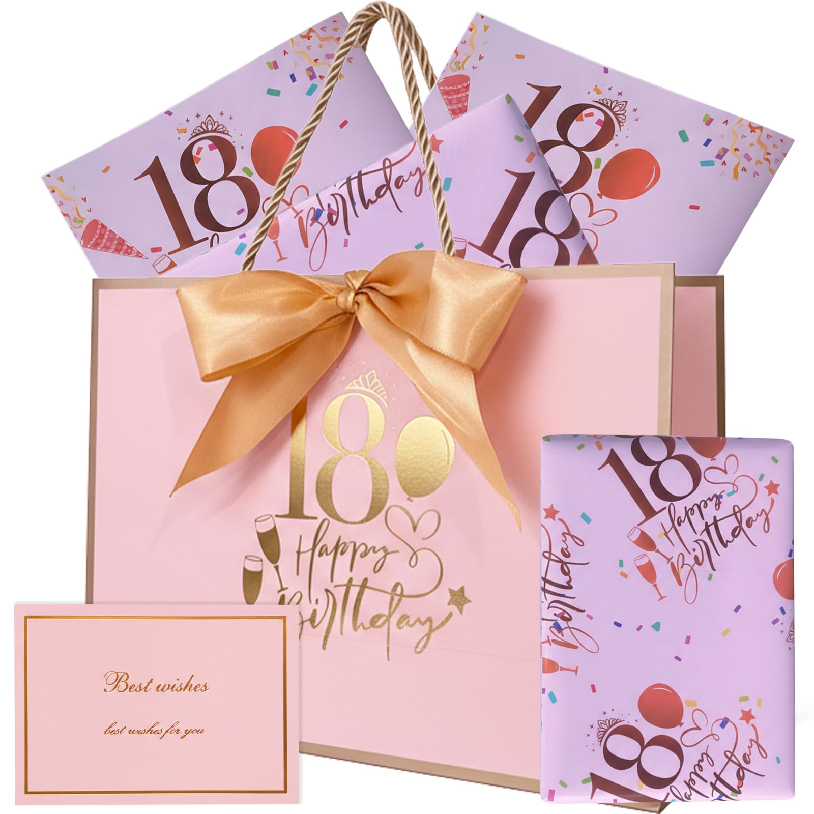 18th Birthday Gift Bag with Card & Wrapping Paper, Pink Gold Foil Keepsake Present Bags for Girls Her Best Wishes, Elegant 18 Year Old Anniversary Party Christmas Decorations Supplies