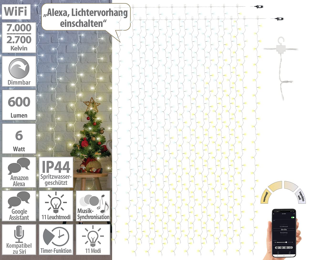 Luminea Home Control Lichtervorhang innen: 2er WLAN-LED-Lichtervorhang, 300 CCT-LEDs, dimmbar, App, IP44, 3x3 m (außen, kaltweiß, Kabel)