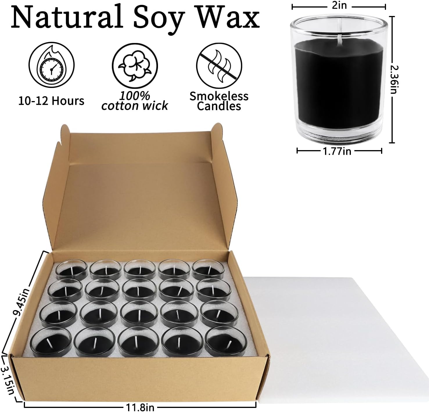 Pliadvbu Set of 20 Black Votive Candles for Halloween,Unscented Soy Wax Candles Filled in Clear Glass for Home Decor Dinner Party,15 Hours